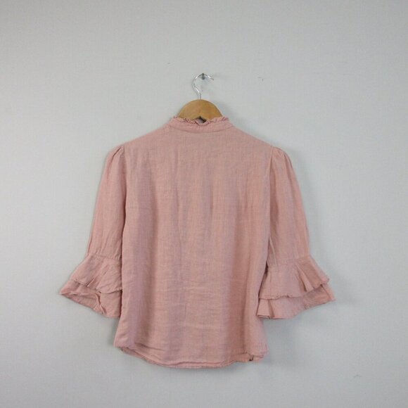 Reformation Women's 100% Linen Blouse XS Pink Ruffle Bloom Button Preppy 138 - Picture 2 of 10